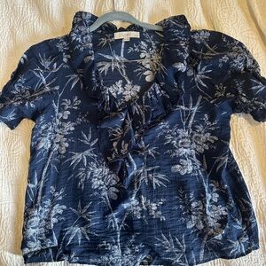 Blue Palm Bubble Sleeve Blouse Women's Petite XL, Loft